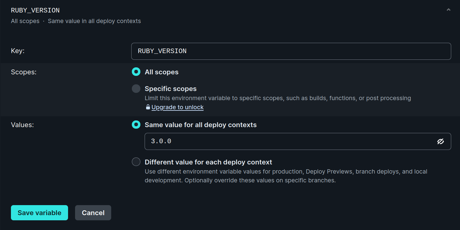 A screenshot of the environment variables site config section in Netlify, showing the RUBY_VERSION variable being assigned a value of 3.0.0