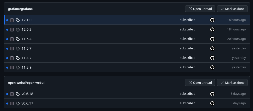 GitHub notifications for new updates to grafana and open web ui